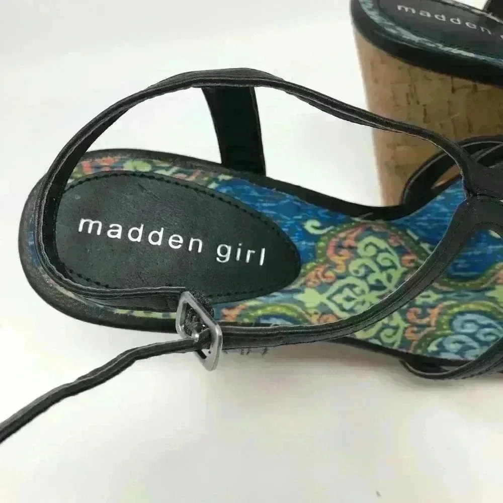 Madden Girl Black Design Buckle Strap Wedge 8 Shoe - Picture 7 of 7